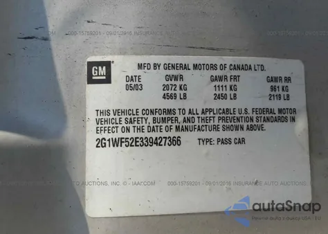 2003 Chevrolet Impala from USA, damaged, VIN 2G1WF52E339427366